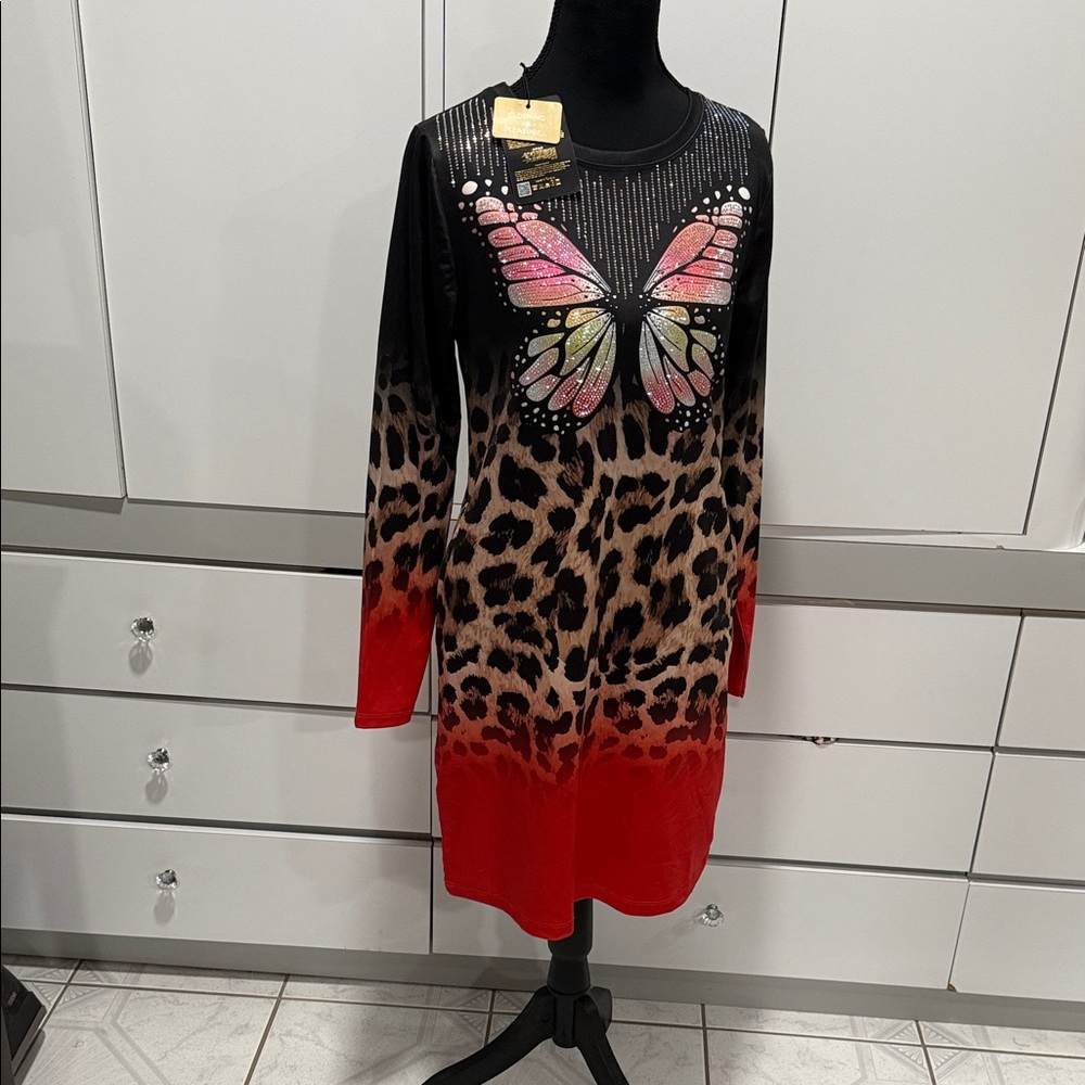 Elegant Butterfly Print Dress - Black, Red, and Brown